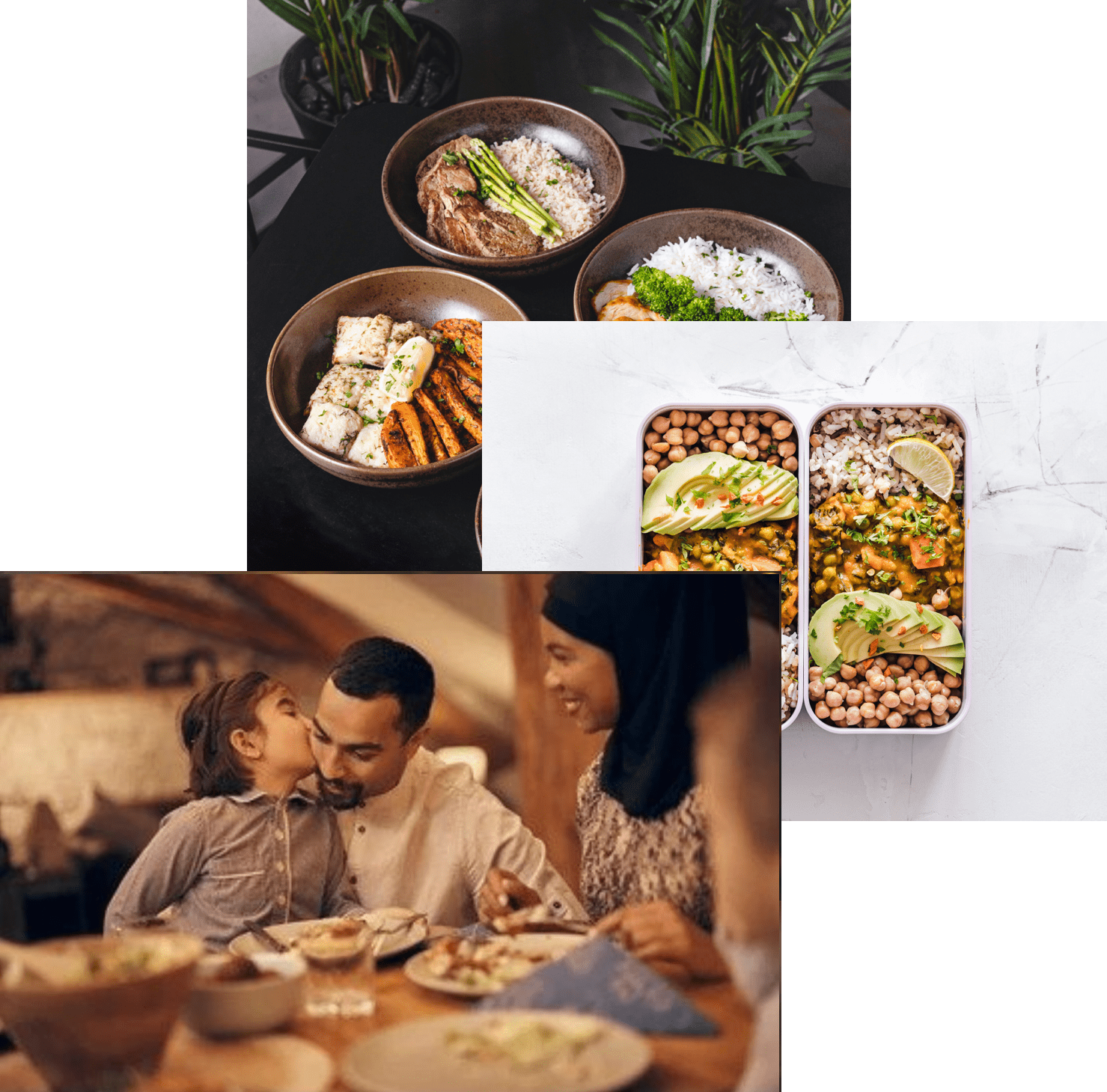 Woman eating food, meals in container and food bowls